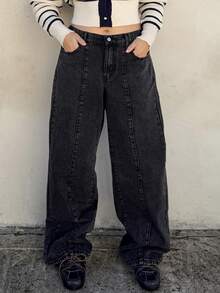 Nezia Cruz Coolmax Damen Jeans in Große Größen mit weitem Bein, locker geschnitten, Taschen - Schwarz - Übersicht 3