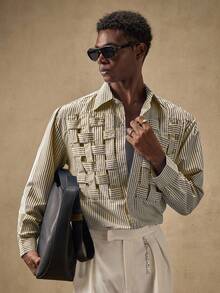 AKNOTIC Business Casual Áo sơ mi nam sọc dài tay, cài khuy đơn giản - màu nâu - Xem 5