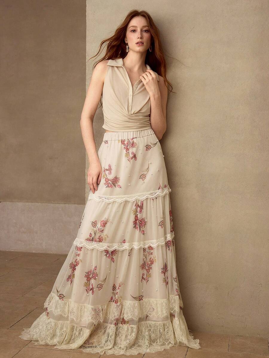 MOTF PREMIUM 女士褶皱修身V领半开襟无袖背心，春夏款 - 杏色 - 查看 1