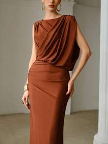 ZEYLAH 不对称褶皱修身长款连衣裙，春夏款 - 咖啡棕 - 查看 2