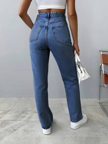 SHEIN 100%Cotton Women Casual High Waist Straight Leg Jeans - Blue - View 2