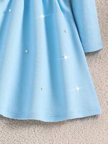 Elladie kids 女童红色方领连衣裙，腰部两侧有褶皱，裙摆饰有珍珠，泡泡袖设计，优雅时尚，适合派对、生日或日常穿着。 - 藍色 - 查看 5