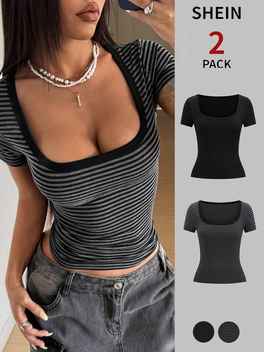 StreetHx Damen Sommer eng anliegendes U-Ausschnitt T-Shirt, Punk Subkultur Anime gestreiftes Basic figurbetontes V-Ausschnitt Kurzarm T-Shirt - Verschiedenfarbig - Übersicht 1