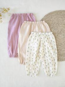 SHEIN 3pcs Baby Girls' Casual Ditsy Floral Pants With Ruffle Hem, Spring/Autumn Set