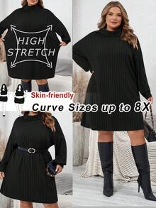 SHEIN CURVE+ 大码休闲简约高领罗纹磨毛红色毛衣连衣裙，适合日常穿着以及圣诞节/2026/新年等场合。 - 黑色 - 查看 1