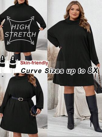SHEIN CURVE+ Plus Size Casual Minimalist Turtleneck Ribbed Brushed Red Sweater Dress, Suitable For Casual Wear And Christmas/2026 /New Year