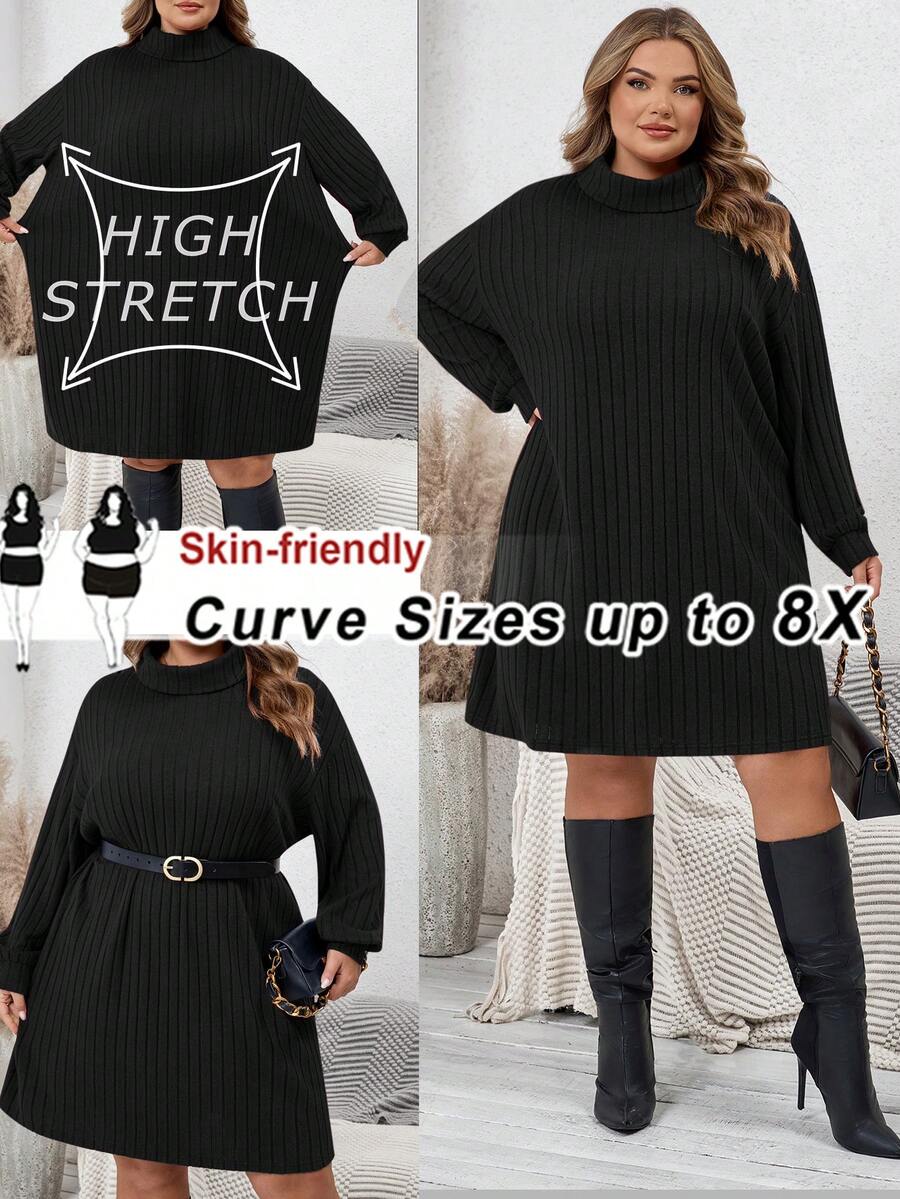 SHEIN CURVE+ 大码休闲简约高领罗纹磨毛红色毛衣连衣裙，适合日常穿着以及圣诞节/2026/新年等场合。 - 黑色 - 查看 1
