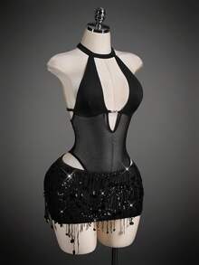 SHEIN ICON 性感修身网纱露背深V领高开衩连体衣（女款） - 黑色 - 查看 7