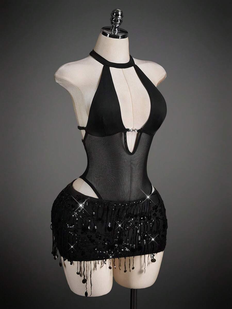 SHEIN ICON Bộ đồ liền thân hở lưng cổ chữ V sâu hở lưng gợi cảm dành cho nữ - màu đen - Xem 1