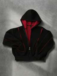 ROMWE MEN Street Life Erkek Patchwork Kontrast Renkli Fermuarlı Kapüşonlu Sweatshirt, Retro Sokak Stili, Uzun Kollu Üst