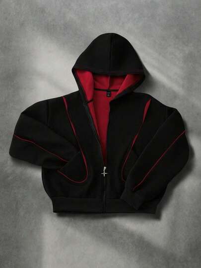 ROMWE MEN Street Life Spring Casual Graphic Men'S Patchwork Contrast Color Zip-Up Hooded Sweatshirt, Retro Street Style, Long Sleeve Top