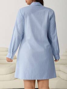 Solflare 大码女式条纹交叉设计衬衫裙，秋冬款 - 藍白色 - 查看 3