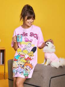 Nick 90s | SHEIN Women's Cartoon Figure Graphic Short Sleeve Nightgown, Moo Moo Night Dress - Pink - View 1