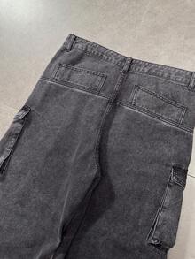 ROMWE MEN Men's Solid Color Casual Pleated Loose Straight Leg Jeans - Black - View 5
