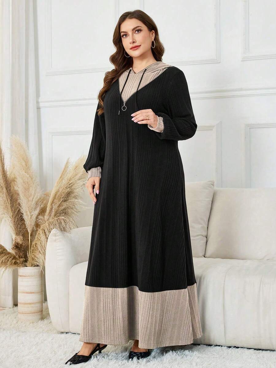 Al Najma 大码女式连帽长袖撞色二合一拉链装饰抓绒面料休闲百搭连衣裙，秋冬款