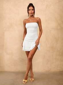 SHEIN BAE Solid Yellow Cream Ruched Bodycon Ruffled Hem Mini Dress, Cute Summer Dress, Brunch Dress, Yellow Dress - White - View 4