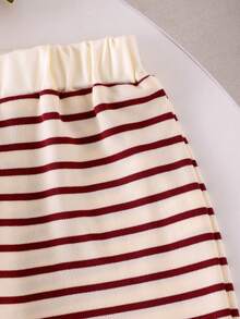 Genkimix Kids 2pcs Girls Striped Collar Long Sleeve Knit Top And Pants Set, Fashionable Children Casual Loungewear Outfit, Suitable For Early Autumn