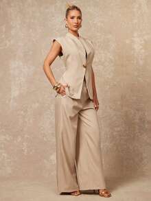 Lumalex 女士优雅杏色立领金属纽扣装饰无袖修身外套 + 女士杏色通勤双口袋修身直筒裤，春夏奢华新年新造型，低调奢华舞会聚会宴会低调奢华闪亮假日派对狂欢节郊游度假热门户外层次丰富的婚礼情人节礼物指南浪漫情人节穿搭季节宴会身份证派对新年派对造型狂欢女士服装外出穿搭女士休闲服装休闲商务办公着装 - 杏色 - 查看 14