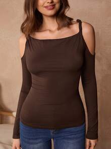 Enchnt Women's Elegant Dark Brown Autumn Top,Seksi Chic Hollow Out Fitted Long Sleeve,Spring Fashionable Clothes For Date,Daily Commute& - Coffee Brown - View 2
