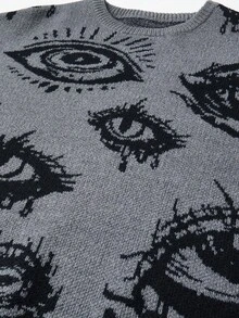 Manfinity ZONE917 Áo len dài tay cổ tròn họa tiết mắt dáng rộng cho nam, mùa thu/đông - Màu xám đen - Xem 2