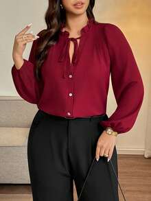 Vionelle Elegant Plus Size Burgundy Tie Neck Woven Fabric Raglan Extra-Long Sleeve Blouse Top - Burgundy - View 3