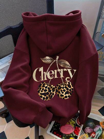 Resyla Sweat-shirt à capuche pour femmes, imprimé léopard et cerises, manches longues, polyvalent et décontracté, automne/hiver