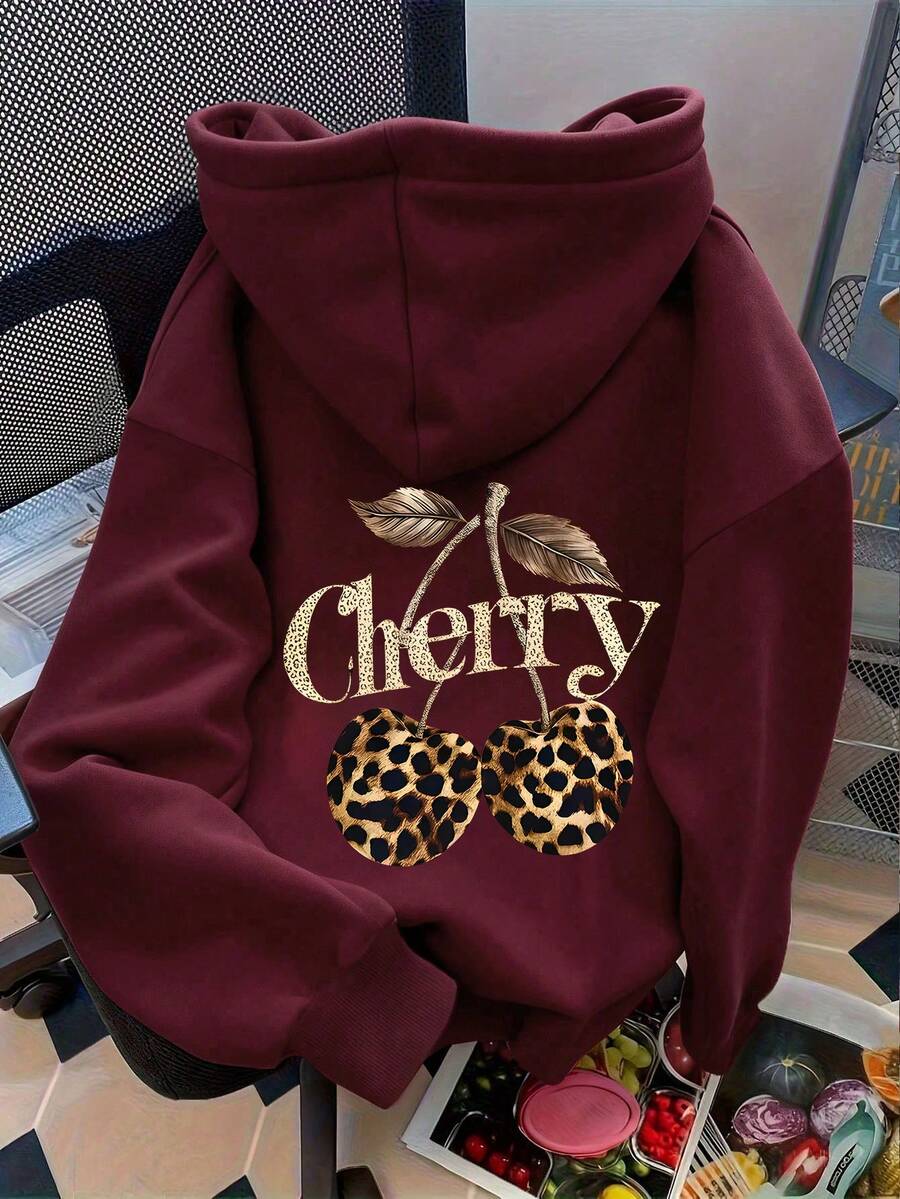 Resyla Women's Hooded Letter, Leopard Print, Cherry Pattern Casual Versatile Long Sleeve Sweatshirt, Autumn/Winter - Burgundy - View 1