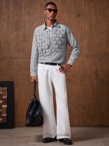 AKNOTIC Business Casual 男士长袖单排扣休闲条纹衬衫 - 黑色 - 查看 4