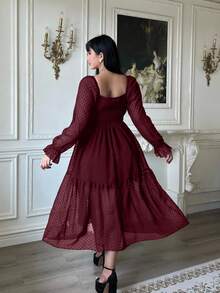 Lyrianda 新款优雅雪纺纹理波点蝴蝶结装饰胸罩杯长袖A字连衣裙，收腰修身荷叶边连衣裙 - 酒紅色 - 查看 2