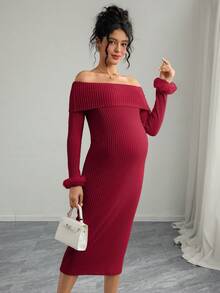 SHEIN Maternity Long Sleeve Fuzzy Off-Shoulder Bodycon Dress - Burgundy - View 3