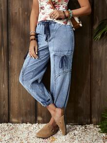 EMERY ROSE Women's Elegant Casual Distressed Denim Jeans With Multiple Pockets And Bow Tie Waist Design, Relaxed Fit - Blue - View 1