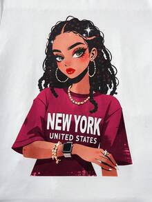 SHEIN ChillGRL Bộ 2 áo thun tay ngắn cổ tròn in họa tiết thường ngày cho bé gái tuổi teen và quần ống rộng có túi hộp, thời trang mặc hàng ngày và ngoài trời, màu xanh quân đội - Màu Hồng Tươi - Xem 5