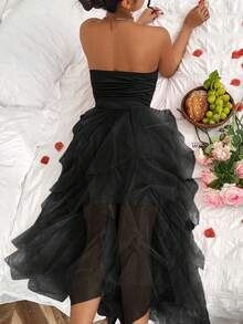 Rafferiza Petite Elegant & Fashionable Young Women's Minimalist Versatile Strapless Mesh Long Dress, Suitable For Spring/Autumn Strapless Black Dress Black Dress Summer Midi Black Dress Birthday Dresses Organza Dress Valentine's Day - Black - View 2