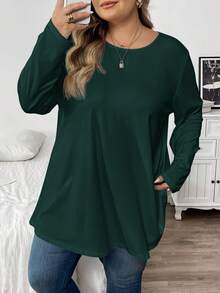 SHEIN CURVE+ 女士休闲宽松日常简约纯色圆领加大码T恤 - 墨綠色 - 查看 4