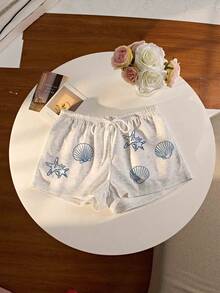 Seascape Print Shell Pattern Sports Shorts Set, Beach Shorts, Coastal Grandma Ocean Apparel, Gift For Ocean & Beach Lovers, Ocean Surf Aesthetic Women Shorts - Light Grey - View 1