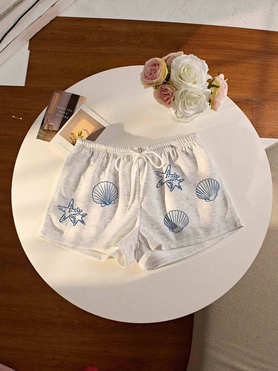 Seascape Print Shell Pattern Sports Shorts Set, Beach Shorts, Coastal Grandma Ocean Apparel, Gift For Ocean & Beach Lovers, Ocean Surf Aesthetic Women Shorts - Light Grey - View 1