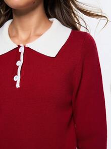 Eassivo Eassivo 常规版型长袖针织衫，带领 - 紅色 - 查看 7