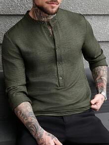 Manfinity CasualCool 男士白色竹编结亚麻质感圆领半开襟长袖套头衫，秋季款……男士休闲上衣 男士休闲长袖衬衫 男士亨利衫长袖衬衫 男士时尚上衣 - 軍綠色 - 查看 7