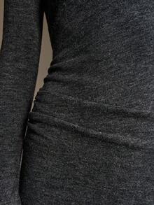 Ontre 2026SS Women's Long Dress, Party & Vacation Dress, Women's Super Long Dress, Advanced Minimalist Design Versatile Daily Wear, Dark Gray, Soft Knit Fabric, U-Neck, Fitted Silhouette, Waist Cinched, Elegant & Simple, Women's Extra Long Dress, Business Casual, Commute, Daily Wear, Spring/Summer, Korean Style, Design, Vacation Party, Wedding Guest Attire, Fashionable Versatile Women's Dress - Dark Grey - View 7