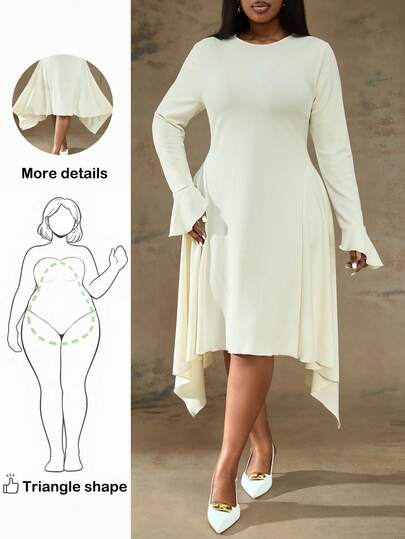 Truni Vestido holgado de línea A con mangas acampanadas y detalles de diseño asimétrico para mujer de talla grande