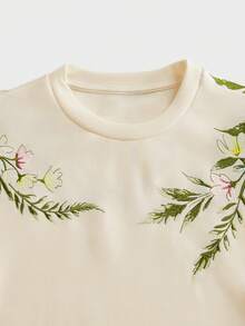 EASEVO Áo thun nam tay ngắn cổ tròn trễ vai thêu hoa cỡ lớn - Màu be - Xem 8