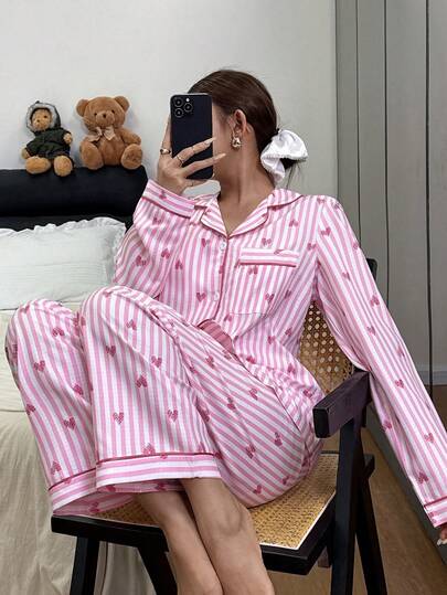 SHEIN Bubble Crinkle Striped Heart Cardigan Women Pajama Set Women Pajama Dress Striped Pajama Set Sleepwear Women