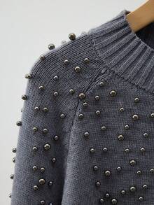 Maija Women's Dark Gray Mock Neck Studded Design Sweater, Versatile, Casual, Comfortable, Loose Fit, Raglan Sleeve, Long Sleeve Top, Sparkling Studded Accent, Business Casual, Office Wear Street-Cool, Holiday Vacation Summer Going Out Graduation - Grey - View 9