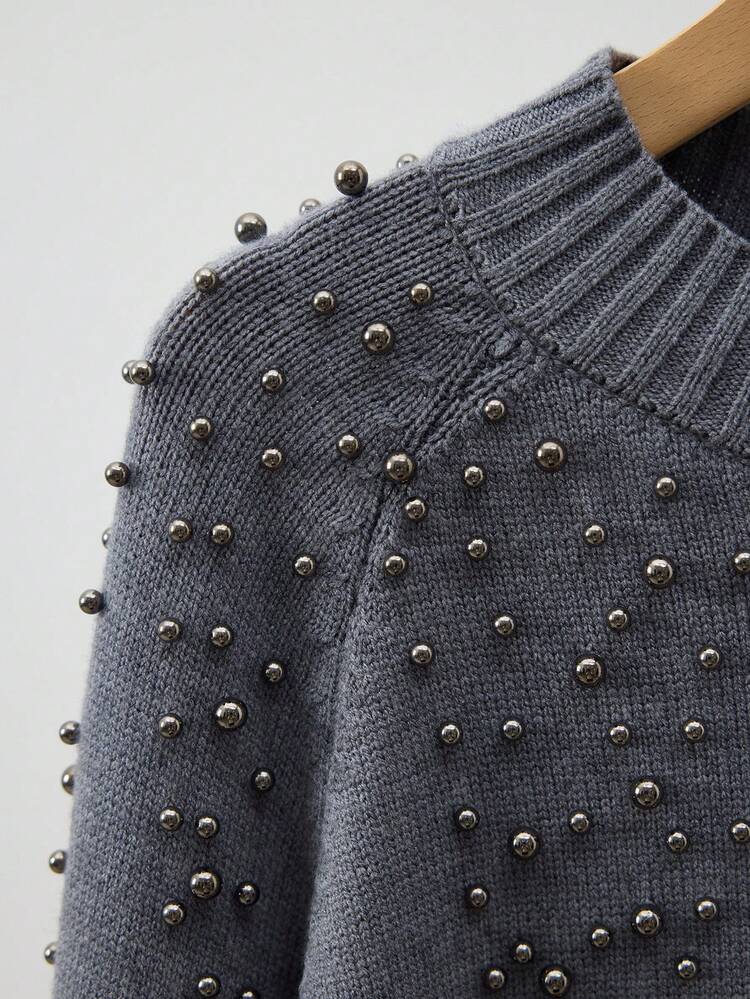 SHEIN Maija Women's Dark Gray Mock Neck Studded Design Sweater, Versatile, Casual, Comfortable, Loose Fit, Raglan Sleeve, Long Sleeve Top, Sparkling Studded Accent, Business Casual, Office Wear Street-Cool, Holiday Vacation Summer Going Out Graduation Elegant Women's Blouses Casual Blouse For Women Formal Attire For Women Office Wear Women Business