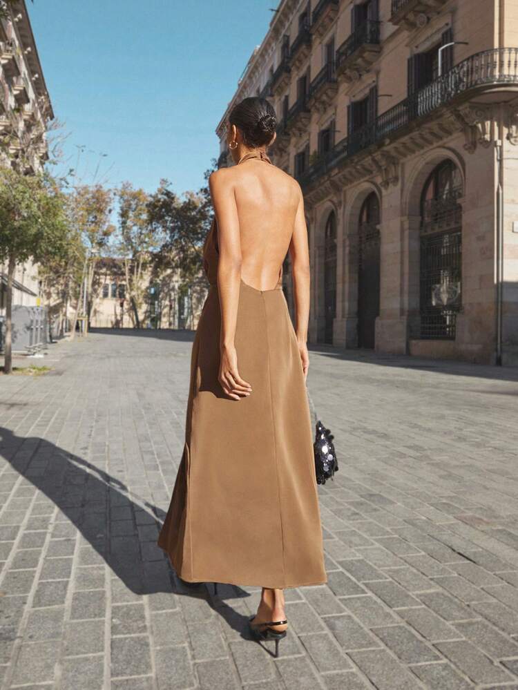 SHEIN Maija Women's Elegant Brown High Slit Satin Dress,Tight Autumn Dining Outfits,Formal Wedding Guest Party Graduation Dress,Summer Holiday Beach Wear