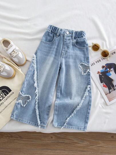 Jeans vaqueros anchos de verano para niña, con bolsillos, dobladillo deshilachado, versátil y casual