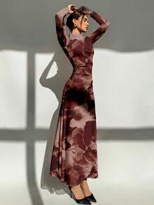 Aloruh Elegant Women's Casual Elegant Non-Shrink Bodycon Long Sleeve Dress, Floral Print, Tie-Dye Print,Women Elegant Dress,Red Dress - Multicolor - View 6