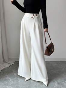 Elenzga Women's Solid Color Button Pleated Fashionable Versatile Commuter Casual Wide Leg Pants - Beige - View 4