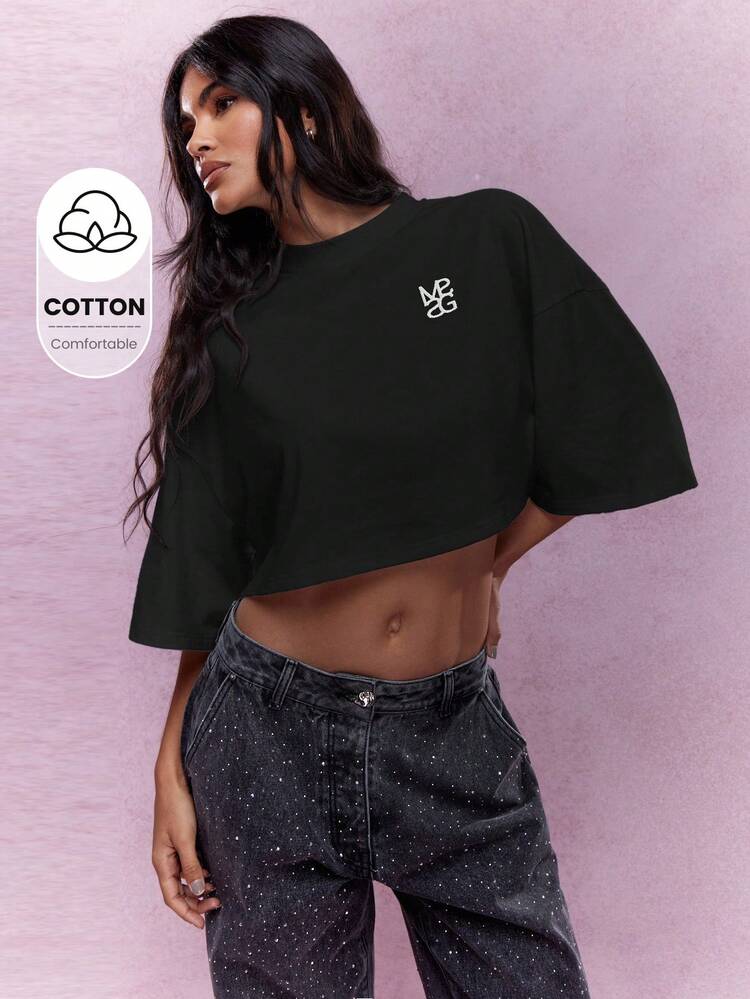 MISSGUIDED Top court oversize décontracté, épaules dégagées, manches trois-quarts, logo brodé, mélange de coton, style athleisure automne, coupe ample, style urbain