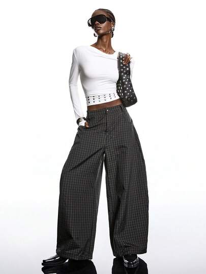 LYSMO 2026 Nuevos Pantalones casuales anchos con bolsillos a cuadros de estilo minimalista para mujer, ideales para primavera/verano. Pantalones sueltos y casuales para mujer, perfectos para primavera, vacaciones, San Valentín, cumpleaños y estilo Y2K/2000.